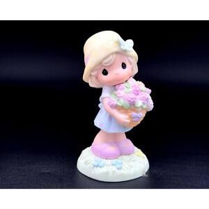 Rare Precious Moments Figurine Girl w Flower Basket Christmas Gift Collectible